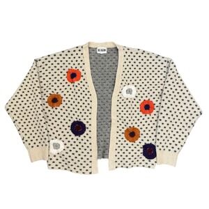 Bel Kazan Anthropolgie Women Cream Black Polka Dot Flower Applique Cardigan OS